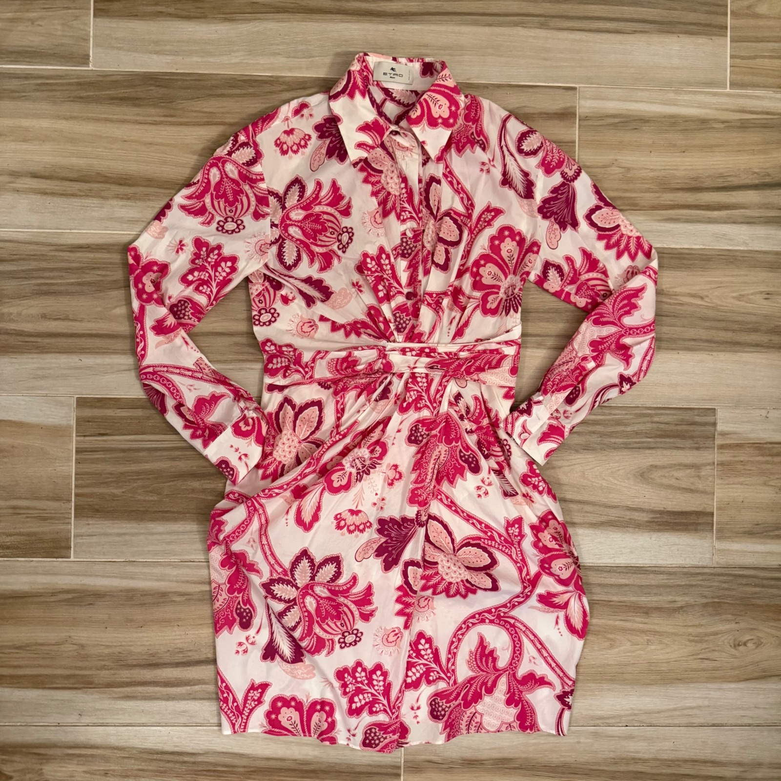 Etro Reiki Pink Paisley Floral Cotton Draped Shirt Dress It 46 Us 10